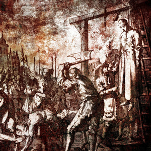 Brodequin executioners collection graphic. A sepia-toned historical illustration showing a crowd gathered around a guillotine, with several figures in the foreground and a scaffold on the right. The artwork uses dark ink lines over a warm brown and beige paper-like background.
