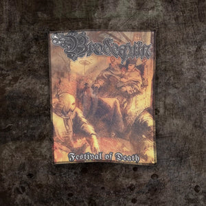 A 12 inch by 14 inch back patch for the band 'Brodequin' featuring artwork from their 'Festival of Death' album, displayed on a dark, textured metal background.