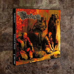 A physical copy of the band Brodequin's album 'Festival of Death' is shown standing upright against a textured, dark gray background. The album cover features a dark, fiery illustration in red, orange, and black tones, with the band's name in a gothic font at the top.