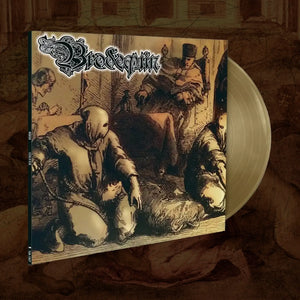 Brodequin's 'Festival of Death' Gold wax vinyl record album shown at an angle, featuring a sepia-toned illustrated cover and a translucent pale pink record partially visible behind it, set against a textured brown background.