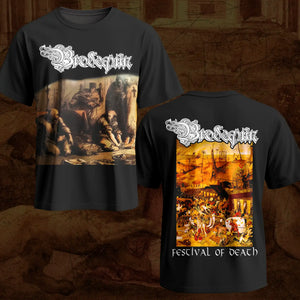 A meticulously crafted tee featuring the infamous “Festival of Death” album cover—an authentic woodcut-style depiction of judicial torture—on the front, and a detailed rendition of the tray card artwork on the back; designed for those who demand historical accuracy and uncompromising brutality in their collection.