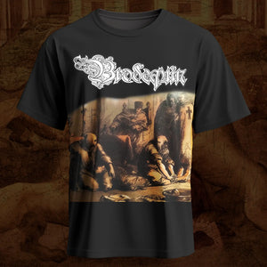 A meticulously crafted tee featuring the infamous “Festival of Death” album cover—an authentic woodcut-style depiction of judicial torture—on the front, and a detailed rendition of the tray card artwork on the back; designed for those who demand historical accuracy and uncompromising brutality in their collection.