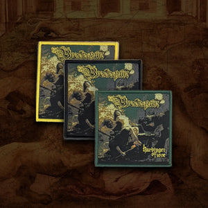 Three square album-style covers or boxes arranged in a fan-like stack on a textured brown background. The front cover is teal with a dark fantasy illustration and the text 'Harbinger of Woe'; the middle cover is dark blue with the same artwork and 'Brodequin' at the top; the back cover has a yellow border and similar artwork.