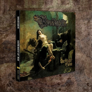 Brodequin's 'Harbinger of Woe' CD album on digipak cover shown at an angle against a textured, distressed brown background.