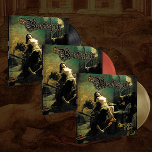Brodequin's 'Harbinger of Woe' vinyl album set shown with three album covers, one black record, one red record, and one gold record against a textured brown background.