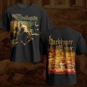 Black short-sleeve Brodequin band t-shirt showing both front and back designs for the metal band Brodequin. The front features their 'Harbinger of Woe' album artwork, and the back displays the 'Harbinger of Woe' artwork in a fiery red, orange, and yellow palette with gothic lettering.