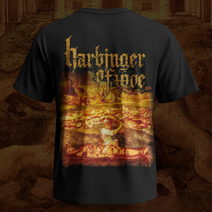 A black short-sleeve Brodequin band t-shirt showing the back side with a large graphic print. The print features the text 'Harbinger of Woe' in a gothic font above a detailed, warm-toned illustration in yellow, orange, and brown hues.