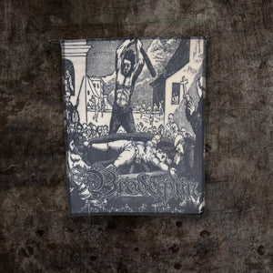 A 12 inch by 14 inch back patch featuring the album cover artwork from Brodequin's 'Instruments of Torture' mounted against a textured dark wall.