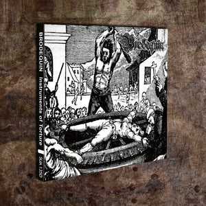 A CD digipak image of the band Brodequin's album 'Instruments of Torture' featuring a black and white woodcut-style illustration, displayed on a textured brown background.