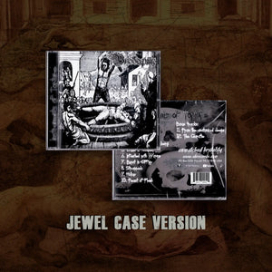 Album cover art for Brodequin 'Instruments of Torture' featuring two CD jewel cases with black-and-white illustrated cover art, set against a textured brown background with the title text at the bottom.