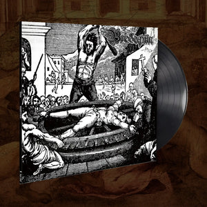 A Brodequin - Instruments of Torture vinyl record partially pulled from its sleeve, showing black-and-white illustrated cover art with a dark gray/black record on a textured brown background.