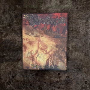 A 12 inch by 14 inch back patch featuring a collage of album cover artwork from Brodequin's, 'Methods of Execution' and 'Prelude to Execution' set against a dark textured background.