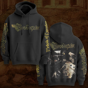 Black hoodie shown from the front and back, featuring a gothic-style 'Brodequin' logo across the chest, yellow vertical text down the sleeve, and a large distressed graphic print on the back.