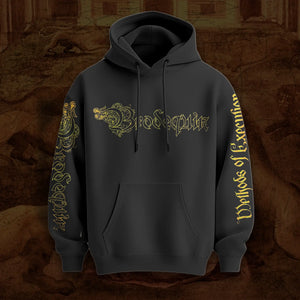 A black Brodequin - Methods of Execution hoodie with gothic-style gold lettering on the chest and both sleeves, displayed against a textured brown background.