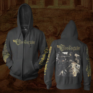 A black Brodequin - Methods of Execution zip-up hoodie shown from both front and back against a brown textured background. The front has a gold gothic-style 'Brodequin' logo across the chest and gold sleeve graphics.