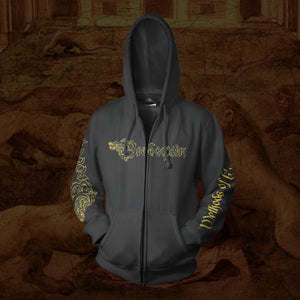 A black Brodequin - Methods of Execution  zip-up hoodie with gold gothic-style text and ornamental graphics printed on the chest and both sleeves, shown against a sepia-toned illustrated background.