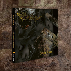 Brodequin's 'Methods of Execution' digipak shown at an angle on a textured brown surface. The cover features dark, gritty artwork with a metallic-looking title in ornate gold lettering reading 'Brodequin' and smaller gold text 'Methods of Execution.