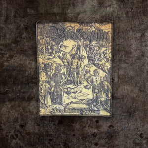 A 12 inch by 14 inch back patch featuring the album cover artwork from Brodequin's Perpetuation of Suffering EP with a detailed dark illustration, photographed against a textured dark gray background.