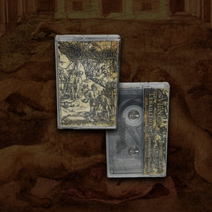 Brodequin - Perpetuation of Suffering on cassette. A vintage-style cassette tape and its matching cover case displayed on a textured brown background. The cassette has a clear plastic shell with a dark label featuring gold-toned gothic text and illustration, and the cover case shows a sepia-toned illustrated front with the same text along the side.