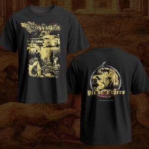 Black Brodequin band short-sleeve graphic band t-shirt shown from both front and back. The front features the band name 'Brodequin' in a stylized font above a yellow-toned illustrated graphic.