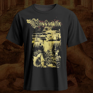 A black Brodequin band short-sleeve graphic t-shirt featuring the band name 'Brodequin' in a distressed gothic font above a sepia-toned illustration, displayed against a textured brown background.