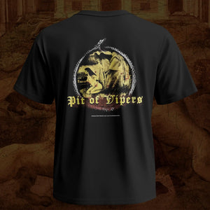 A black short-sleeve Brodequin band t-shirt shown from the back, featuring a large circular graphic print in yellow, white, and gray with the text 'Pit of Vipers' in a gothic font.