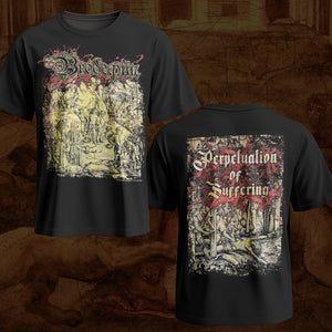 Black short-sleeve graphic Brodequin band t-shirt showing both front and back views. The front features the band name 'Brodequin' in a gothic font above a dark, yellowish, and red graphic.