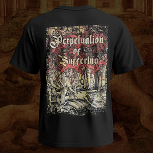 Black short-sleeve Brodequin band t-shirt shown from the back, featuring a large graphic print with the text 'Perpetuation of Suffering' in a gothic font over a dark, distressed illustration in beige, red, and black.