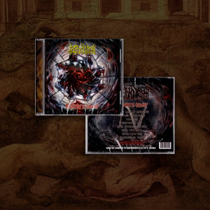 CD album art for the band Cenotaph, showing the front cover with a dark red and black swirling creature graphic, and the back cover with tracklist text, set against a dark textured background.