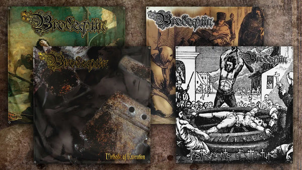 Four album cover wall flags for the band Brodequin are arranged in a collage on a textured brown background. The covers feature dark, horror-themed artwork with the Brodequin logo and titles including 'Methods of Execution' and 'Instruments of Torture'.