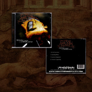 CD album cover and jewel case back art for 'Artistic Creation with Cranial Stumps' by Guttural Secrete, displayed against a textured brown background.