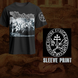A black short-sleeve graphic Brodequin band t-shirt displayed against a brown textured background, featuring a large black-and-white classical scene print on the front and a circular white emblem on the sleeve. A black square inset on the right shows the sleeve print design with the text 'SLEEVE PRINT'.