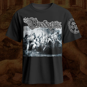 A black short-sleeve t-shirt featuring a large graphic print of the band Brodequin on the chest, with a grayscale historical painting in the center and a circular sleeve print.
