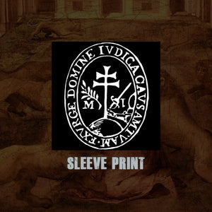 A square black sleeve print featuring a white circular emblem with a cross, olive branch, dagger, and the text 'DOMINE IVDICA VITAM', shown over a sepia-toned distressed background with the words 'SLEEVE PRINT' below.