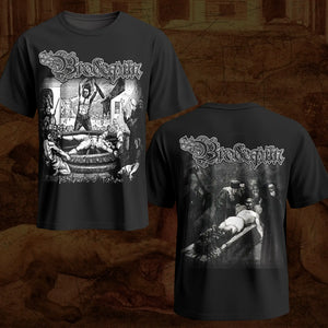 A meticulously crafted tee featuring authentic medieval woodcut imagery on the front and a vivid historical painting of the brodequin torture device in use on the back—designed for those who appreciate the unflinching documentation of judicial brutality.