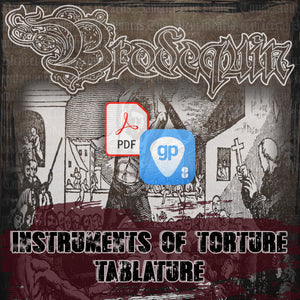 Instruments of Torture album cover with Brodequin logo, Guitar Pro 8 logo, and PDF icon for tablature download