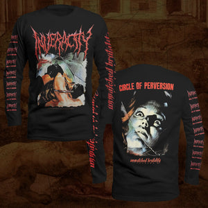 Black long-sleeve band t-shirt shown from both front and back, featuring the red 'Inveracity' logo and graphic artwork, with 'Circle of Perversion' text and red down-the-side sleeve print, displayed against a dark textured background.