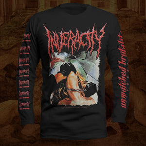 A black long-sleeve graphic t-shirt featuring the band name 'Inveracity' in a jagged red font across the chest, with a dark illustration of a woman with a knife held to her throat on the front, and repeated red Inveracity logos down one sleeve with an Unmatched Brutality Records logo down the other, displayed against a textured brown background.