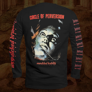 Black long-sleeve Inveracity band t-shirt for album 'Circle of Perversion', showing the back graphic with a creepy face illustration and red text on the sleeves.