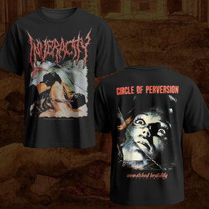 Black short-sleeve graphic Inveracity band t-shirt shown from both front and back. The front features the red spiky 'Inveracity' logo above a dark, surreal graphic.