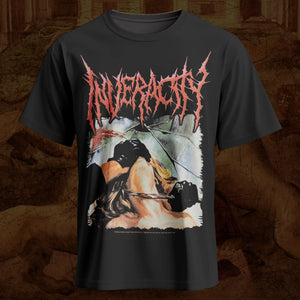 A black Inveracity short-sleeve graphic t-shirt featuring the band name 'Inveracity' in a jagged red font above a detailed graphic print of a woman with blonde hair and a knife, set against a dark textured background.