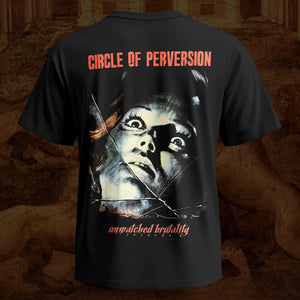 A black Inveracity band short-sleeve graphic T-shirt shown from the back, featuring the words 'CIRCLE OF PERVERSION' in red at the top and a large horror-style face print with red text at the bottom, set against a dark textured background.
