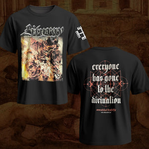 Black short-sleeve graphic Liturgy band  t-shirt shown from both front and back against a dark textured background. The front features a large abstract multicolor print with a stylized white logo at the top and a small white graphic on the sleeve.