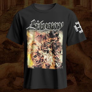 A black short-sleeve graphic Liturgy band t-shirt featuring the band name 'Liturgy' in a stylized white font above a large, detailed multicolor artwork print. A white symbol is printed on the left sleeve.
