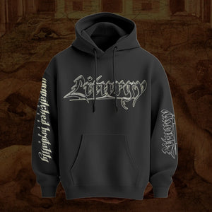 A black Liturgy band hoodie with white gothic-style text graphics on the chest, left sleeve, and right sleeve, displayed against a textured brown background.