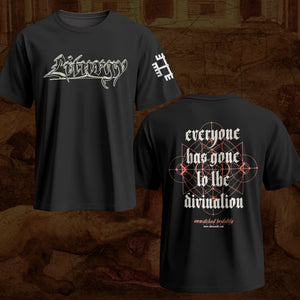 Front and back black graphic Liturgy  band t-shirts for 'Divination' shown against a textured brown background. The left shirt displays the band's name in a stylized white font on the chest, and the right shirt shows the back with a white gothic text design and a red geometric line-art pattern.