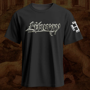 A black short-sleeve Liturgy band t-shirt with a stylized white gothic font graphic across the chest and a white symbol printed on the left sleeve, displayed against a dark textured brown background.