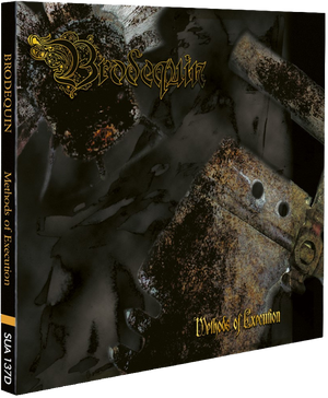 Brodequin's 'Methods of Execution' digipak at an angle on a black background. The front cover features dark, gritty artwork with a large ornate gold logo reading 'Brodequin' and the title 'Methods of Execution' in gold near the bottom.