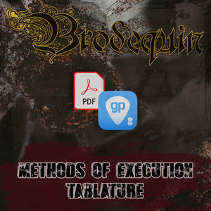 Methods of Execution album cover with Brodequin logo, Guitar Pro 8 logo, and PDF icon for tablature download