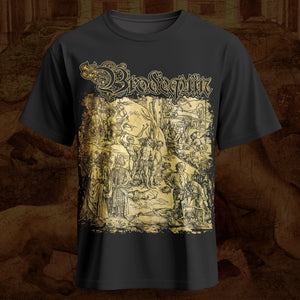 A black short-sleeve Brodequin t-shirt featuring the band 'Brodequin' and their album artwork from 'Perpetuation of Suffering' in a yellowish-beige ink sketch style, displayed against a dark, textured background.